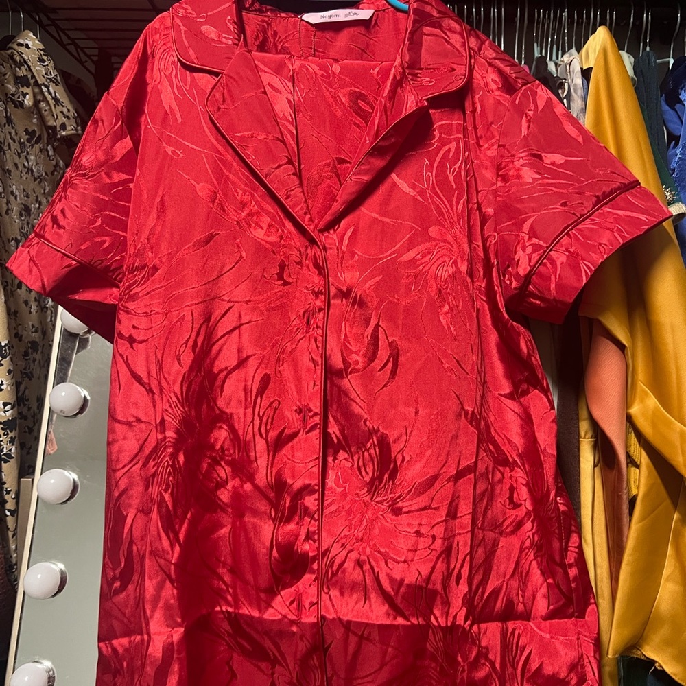 Red Satin Short-Sleeve Pajama Top - Womens